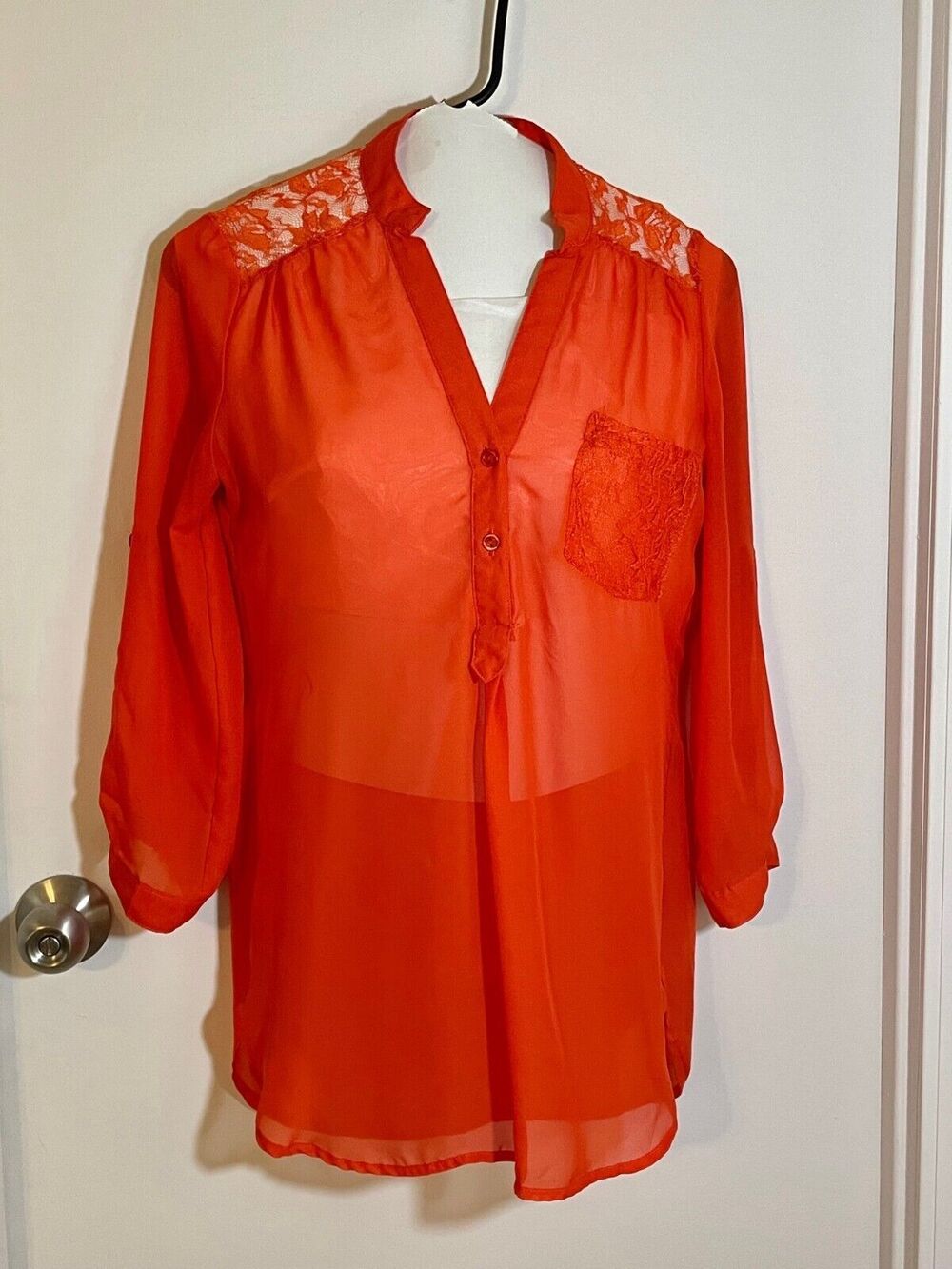Vintage Small Orange Sheer Shirt w/ Lace, Dress Blouse, Wishful Park Brand